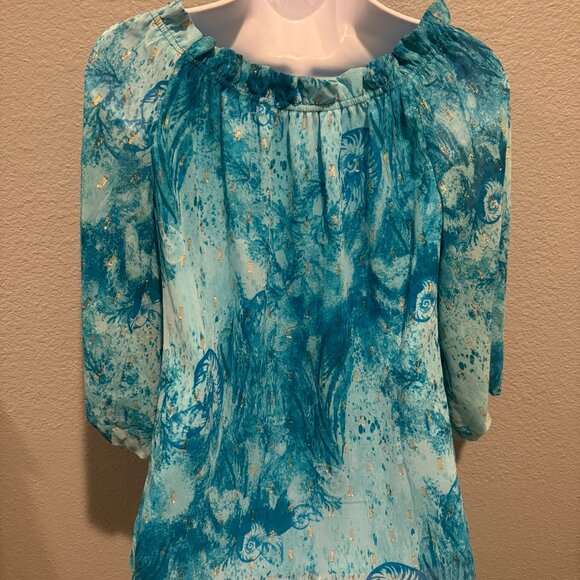 White House Black Market Off the Shoulder Clip-Dot Blouse - Picture 4 of 6